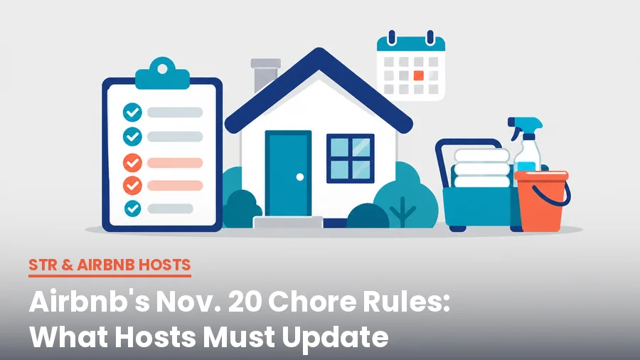 Airbnb house rules policy November 2026 — checklist, rental home and cleaning cart showing checkout chores shifting to the turnover team