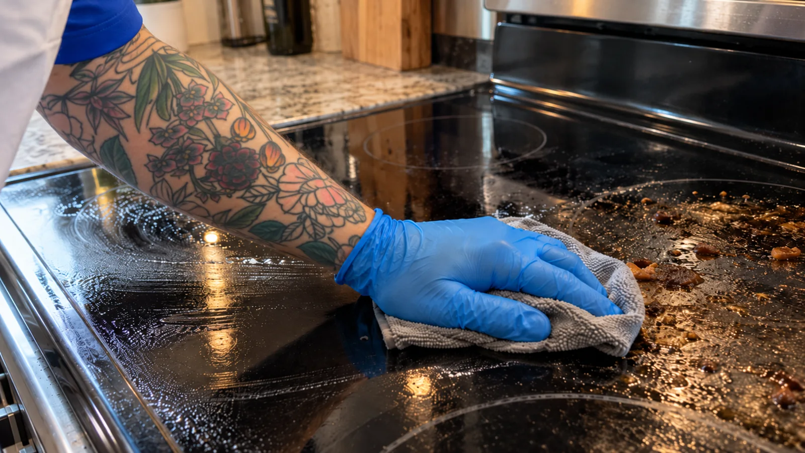 Chabod Cleaning Services team member deep cleaning a stovetop in a San Antonio kitchen