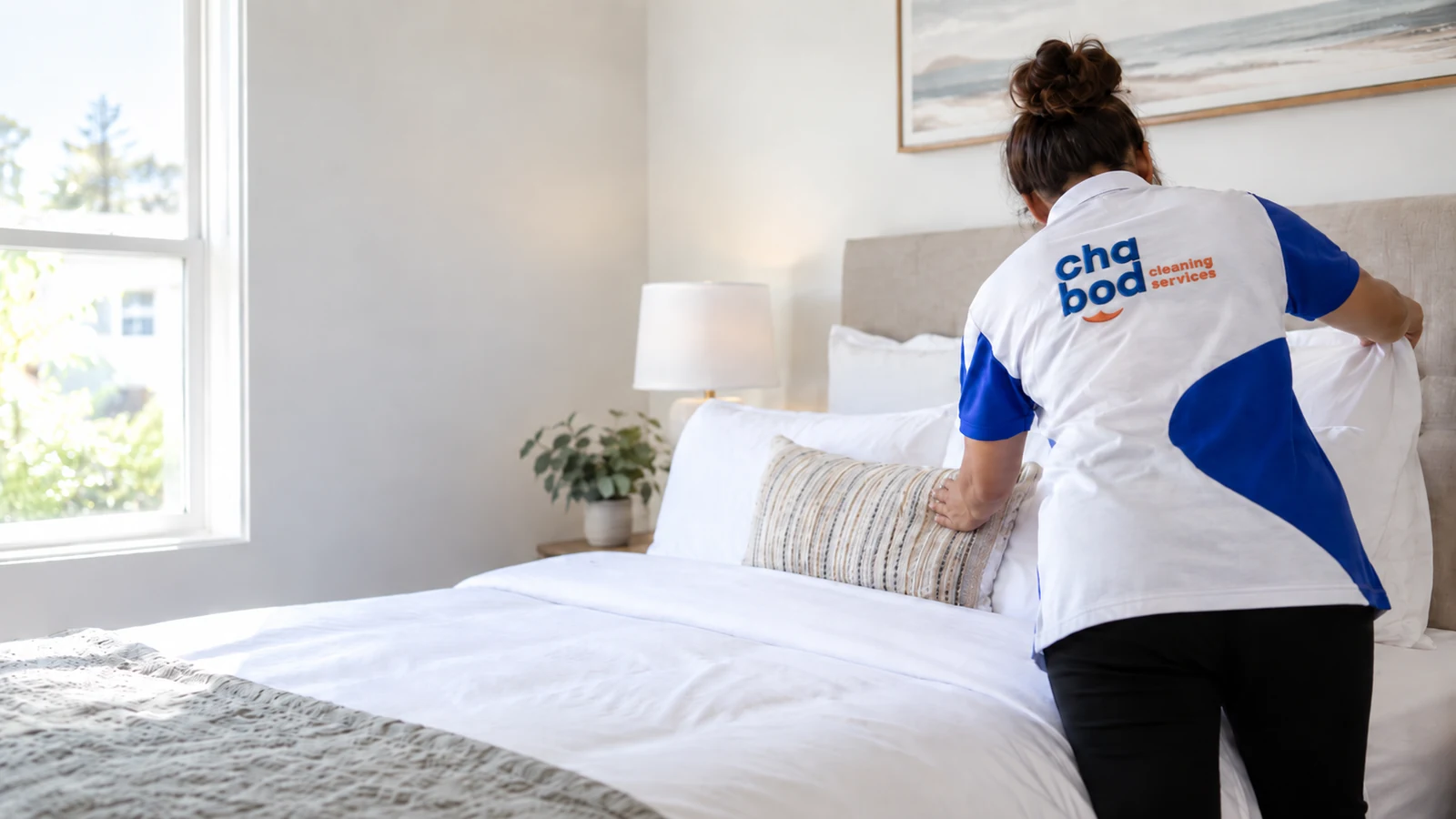 Chabod Cleaning Services team member making a bed with fresh linens, San Antonio home