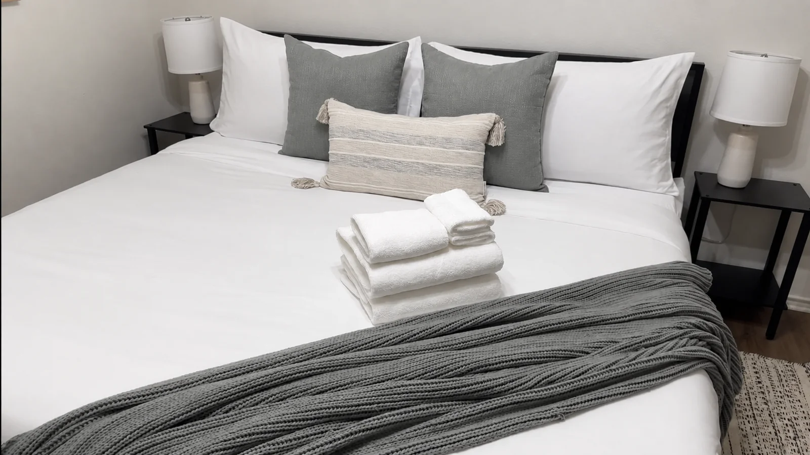 Finished Airbnb bedroom turnover cleaning in San Antonio by Chabod Cleaning Services — beds made, towels folded, ready for guest check-in