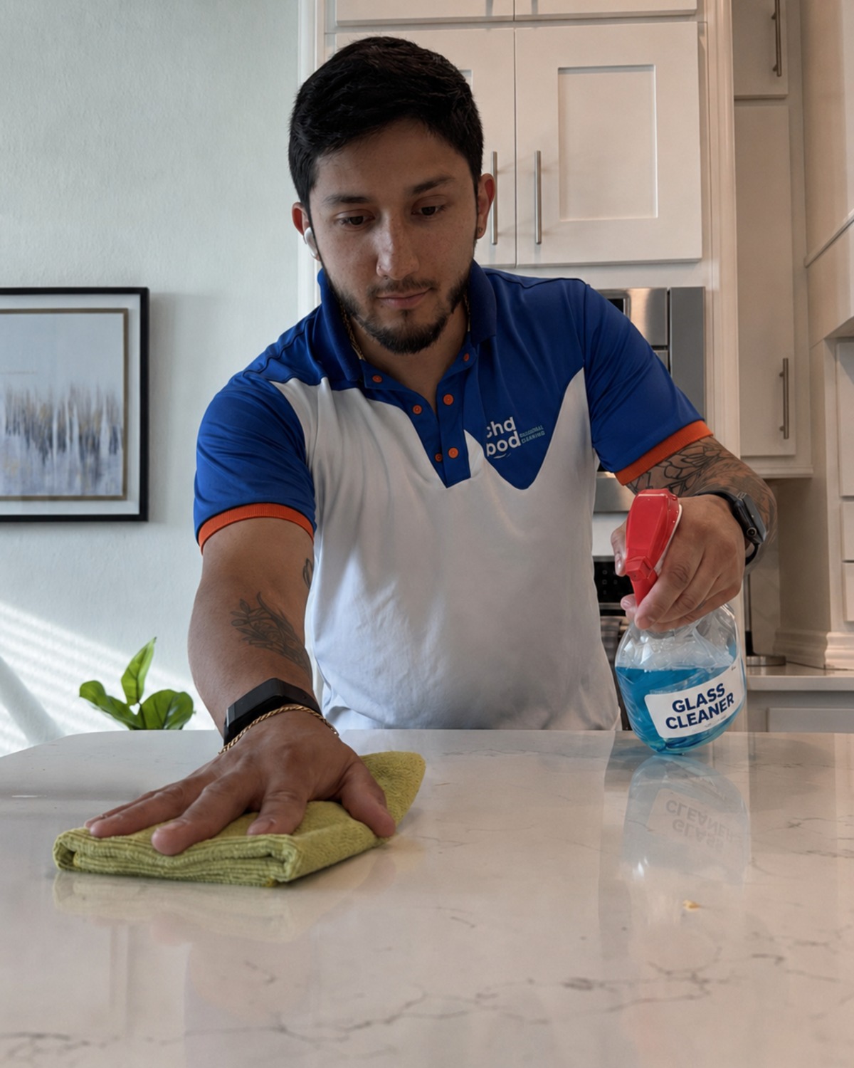 Chabod Cleaning Services team member wiping down a San Antonio kitchen countertop