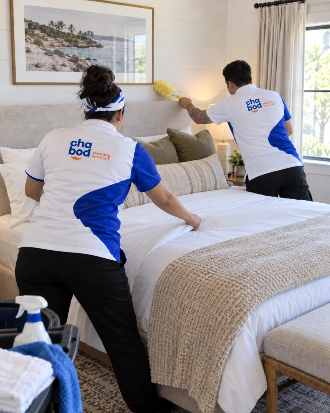 Chabod Cleaning Services team making a bed and dusting during an Airbnb turnover in San Antonio